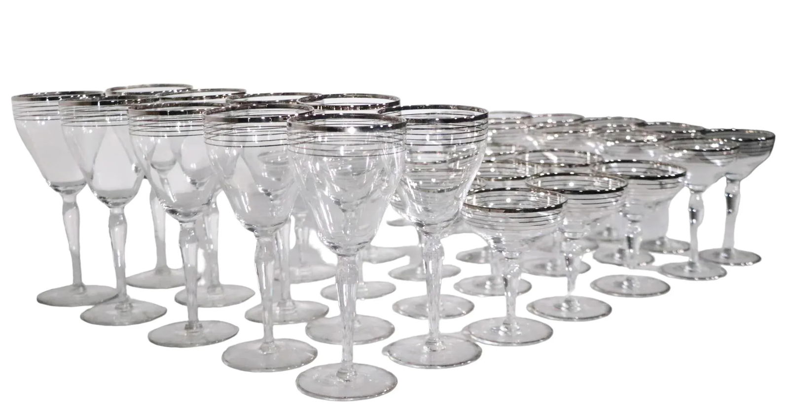 Large Set of 33 Silver Band Stemware Wine, Water, Champagne Glasses After Dorothy Thorpe C 1950's - 6