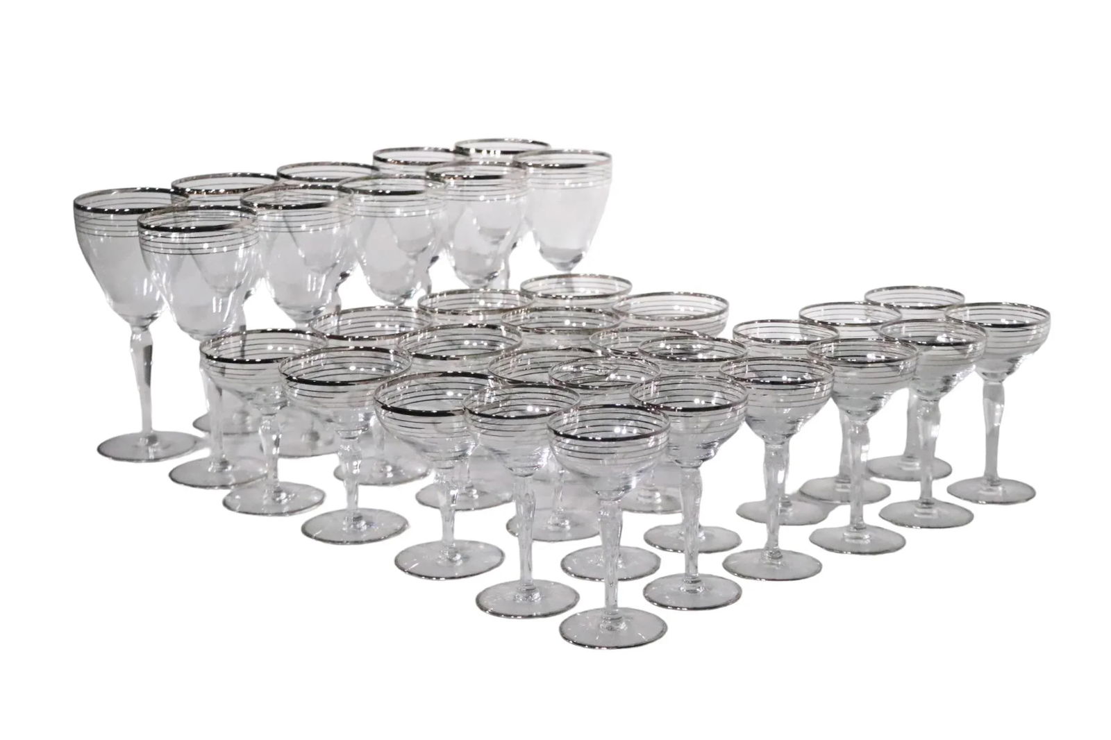 Large Set of 33 Silver Band Stemware Wine, Water, Champagne Glasses After Dorothy Thorpe C 1950's - 7