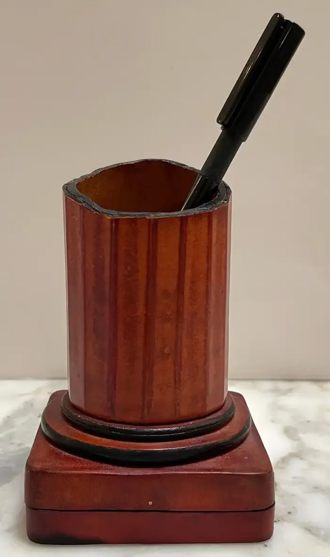 1960s Italian Grand Tour Style Leather & Burlwood Column Motif Pen Stand/Box - 11