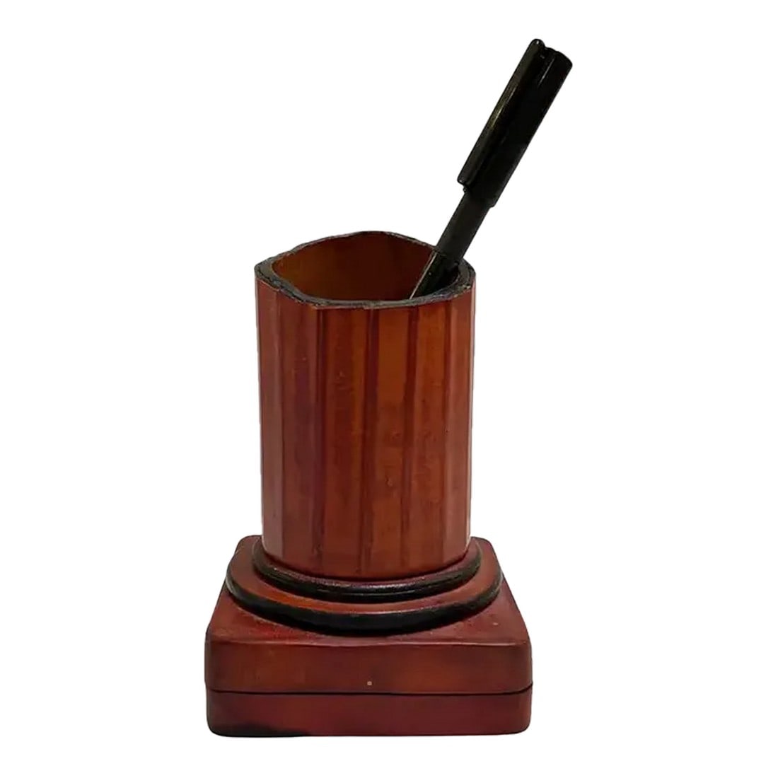1960s Italian Grand Tour Style Leather & Burlwood Column Motif Pen Stand/Box: 1960s Italian Grand Tour Style Leather & Burlwood Column Motif Pen Stand/Box Italy, 1960s This Italian Grand Tour style pen stand/box from the 1960s is a unique and beautifully crafted desk