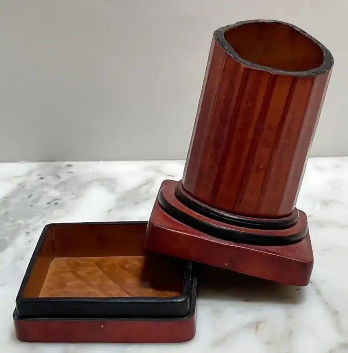 1960s Italian Grand Tour Style Leather & Burlwood Column Motif Pen Stand/Box - 2