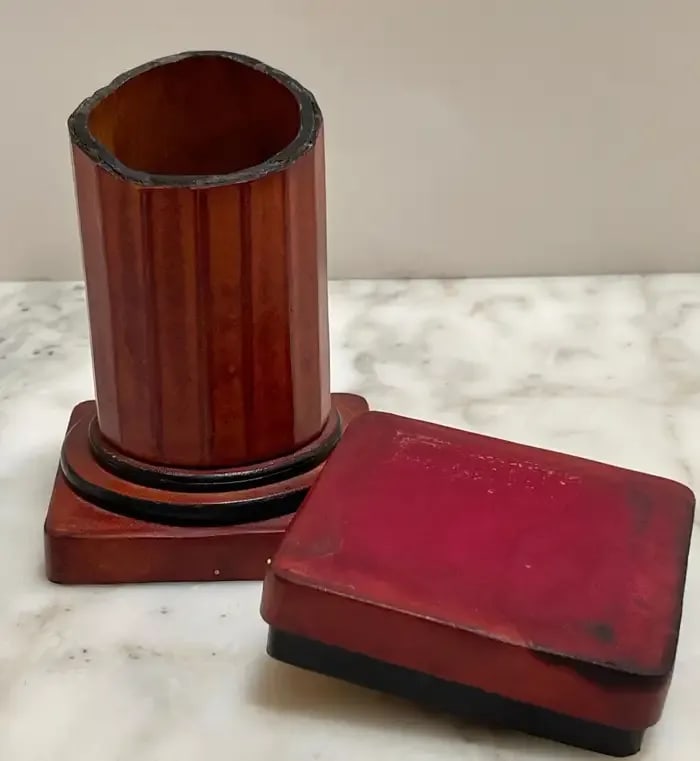 1960s Italian Grand Tour Style Leather & Burlwood Column Motif Pen Stand/Box - 4