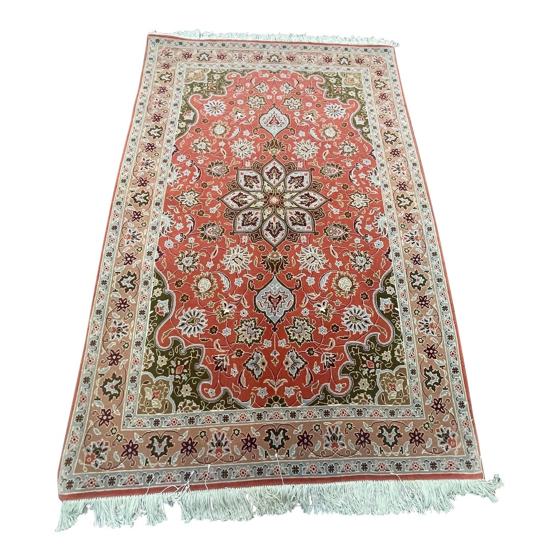 1990s Handwoven Persian Tabriz Area Rug 3'5" X 4'1": ACTUAL SIZE: 3'5" x 4'1" PRIMARY COLOR: Rose AGE: New MATERIALS: Wool FOUNDATION: Cotton PRODUCTION: Handwoven, Knotted Pile CONDITION: Excellent Condition: Imperfections: No Imperfections