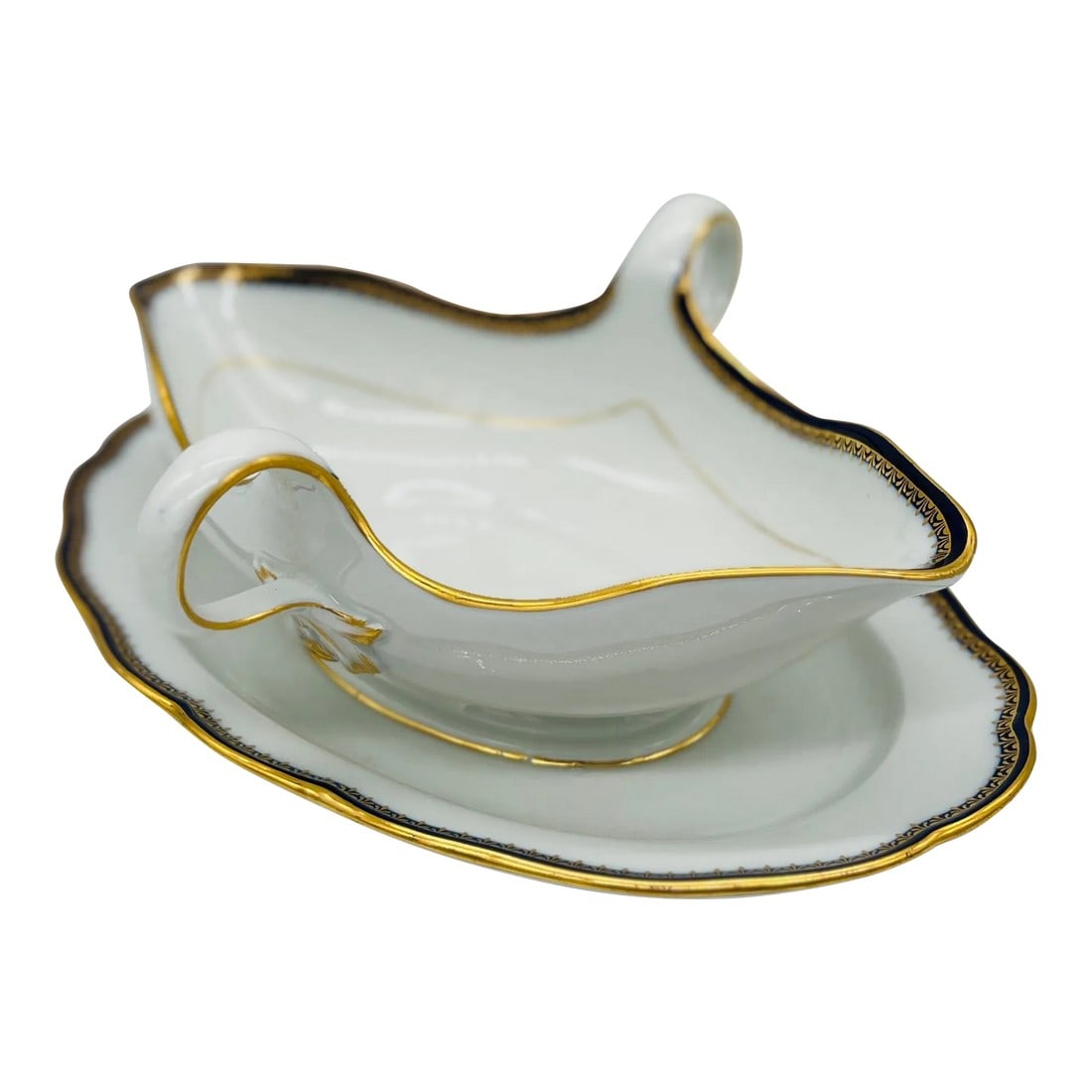 Meissen Porcelain Cobalt & Gold Rim Decorated Sauce Boat: Meissen Porcelain Cobalt & Gold Rim Decorated Sauce Boat with attached under plate. Marked to underside. Please note I have another listing for a matching soup tureen. Condition: Alterations: Original