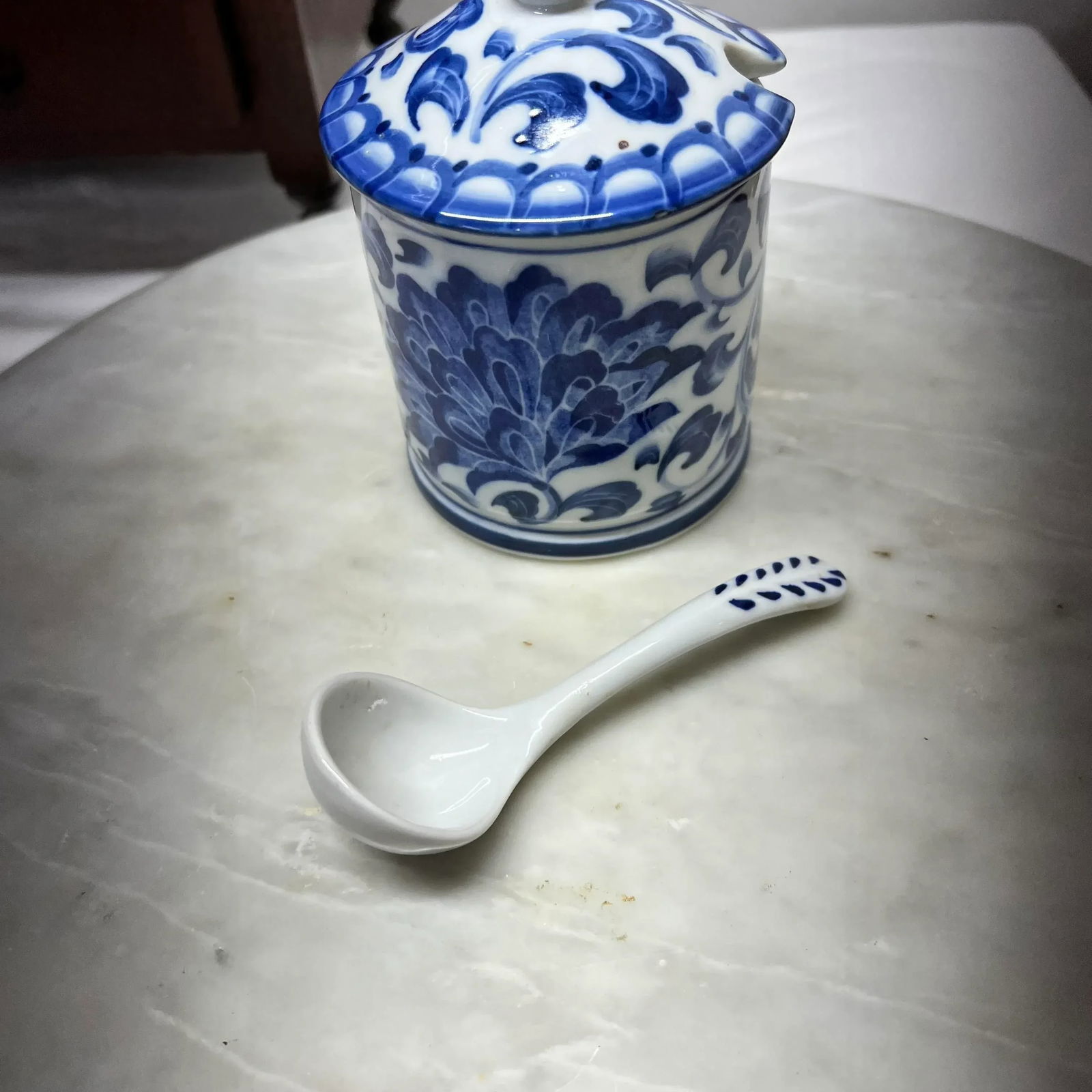 Andrea by Sadek Blue and White Condiment Jar W/ Spoon - 3