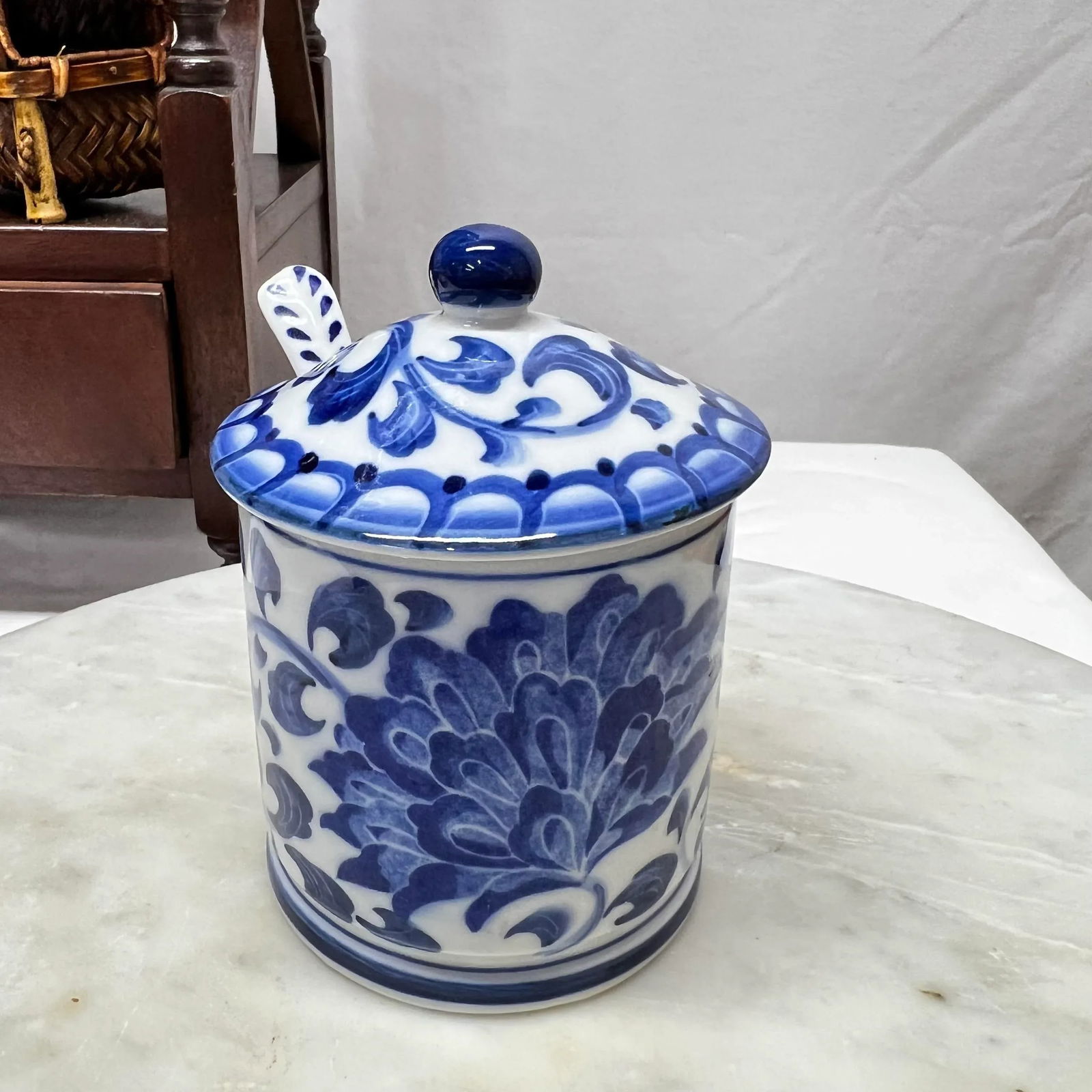 Andrea by Sadek Blue and White Condiment Jar W/ Spoon - 5