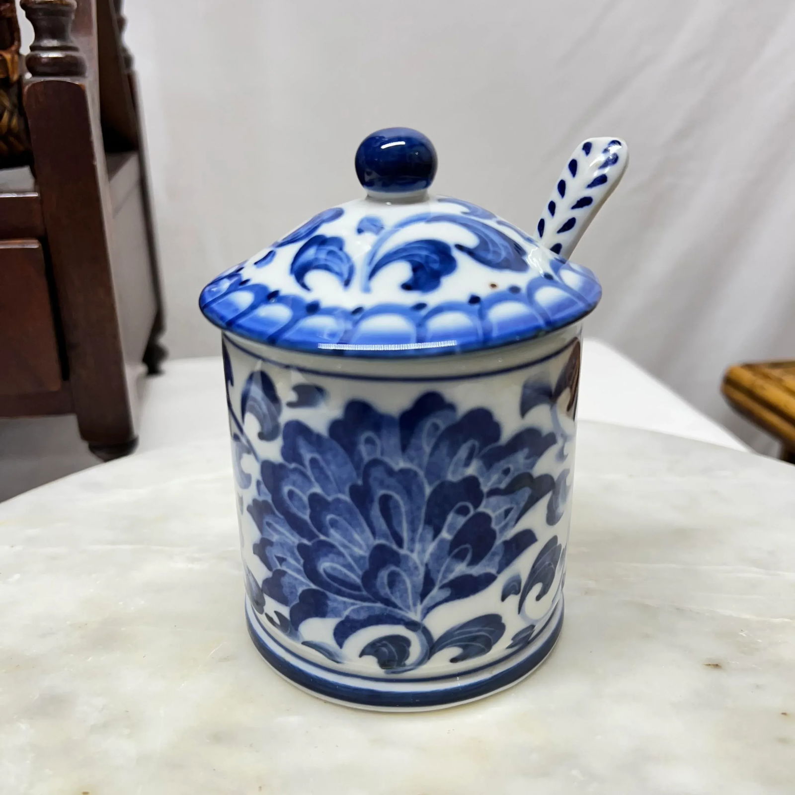 Andrea by Sadek Blue and White Condiment Jar W/ Spoon - 6