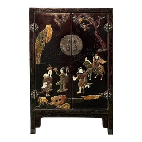 Vintage Chinoiseries Black & Stone Inlay Graphic End Table Nightstand