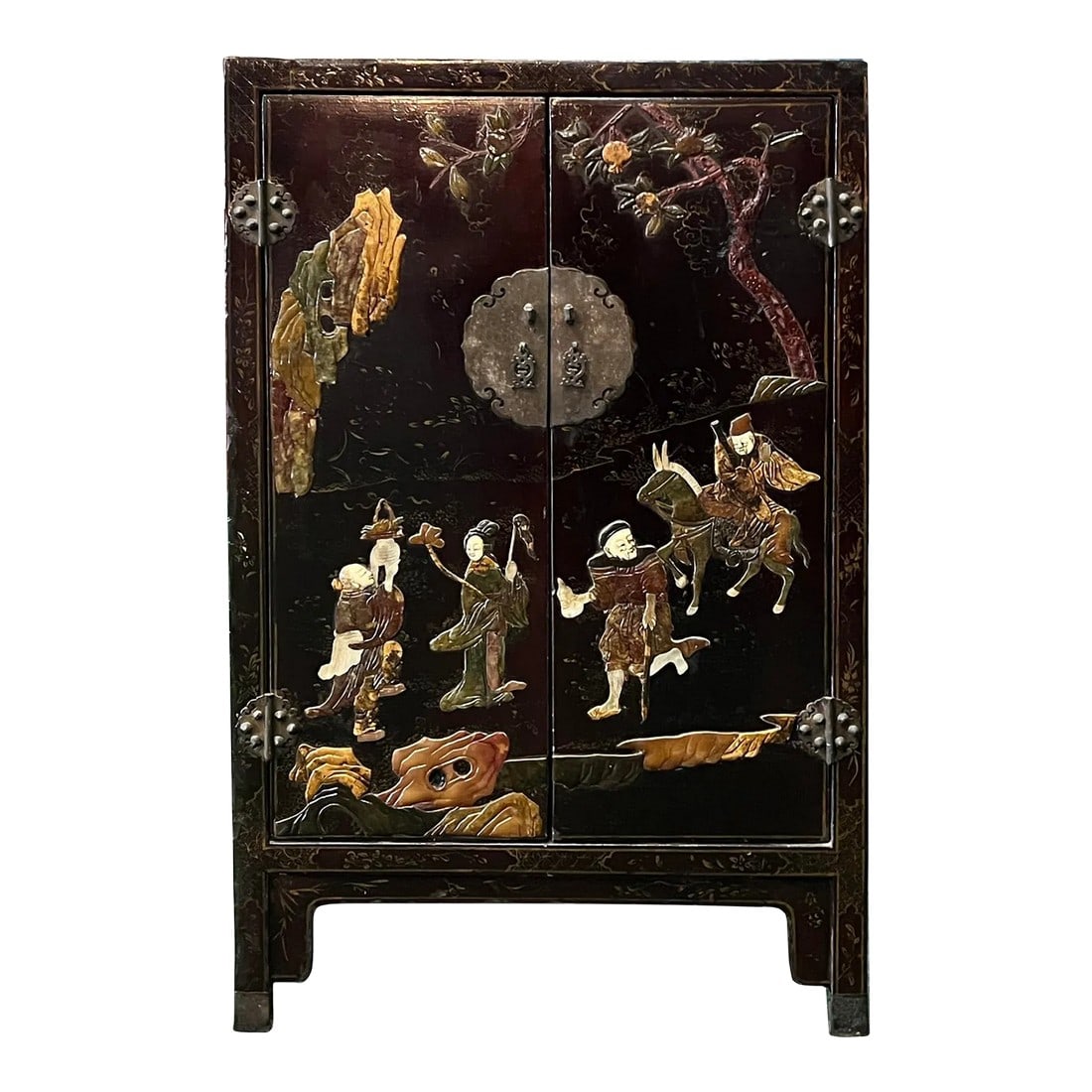 Vintage Chinoiseries Black & Stone Inlay Graphic End Table Nightstand: This vintage chinoiserie-style small cabinet is made of solid wood and features a black and stone inlay graphic finish with a motif of oriental people gathering. It has delicate details around the cor