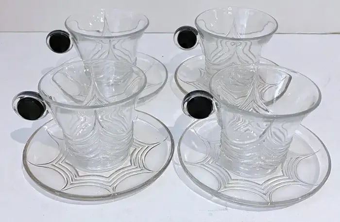 Early 20th Century Art Deco Heisey Glass 'Stanhope' Cups & Saucers, by Walter Von Hessen - Set of 4 - 2