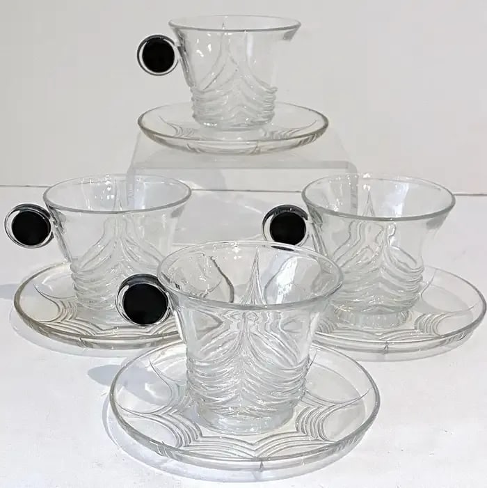 Early 20th Century Art Deco Heisey Glass 'Stanhope' Cups & Saucers, by Walter Von Hessen - Set of 4 - 6