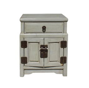 Chinese Distressed Light Gray Metal Hardware End Table Nightstand