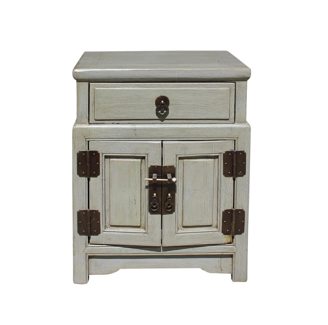 Chinese Distressed Light Gray Metal Hardware End Table Nightstand: This is a side table / nightstand with rustic vintage light gray lacquer finish. It is simply decorated with metal hardware. Dimensions: w17.75" x d13.75"x h23" Origin: China Material: Solid Elm Wood