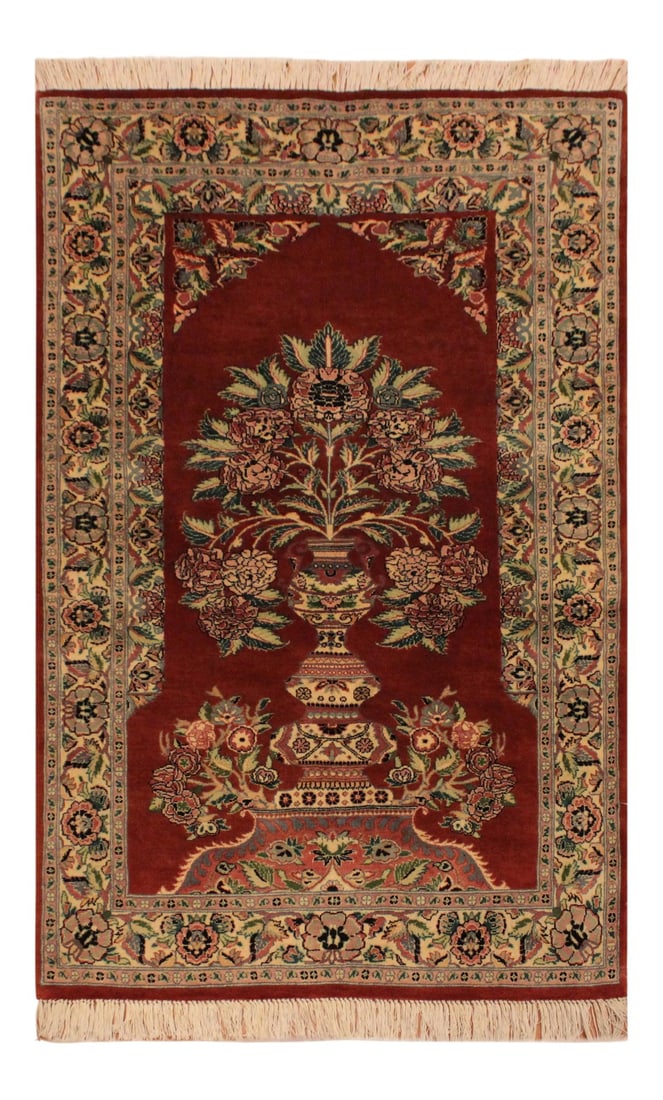 1980s Semi Antique Kashan Pak-Persian Candi Rust/Ivory Wool Rug - 3'1" X 5'1": Designed with mesmerizing intricacy and gorgeous color palette, this hand-knotted masterpiece demonstrates the beauty and electrifying thrill of Pak Persian art. These meticulously handcrafted