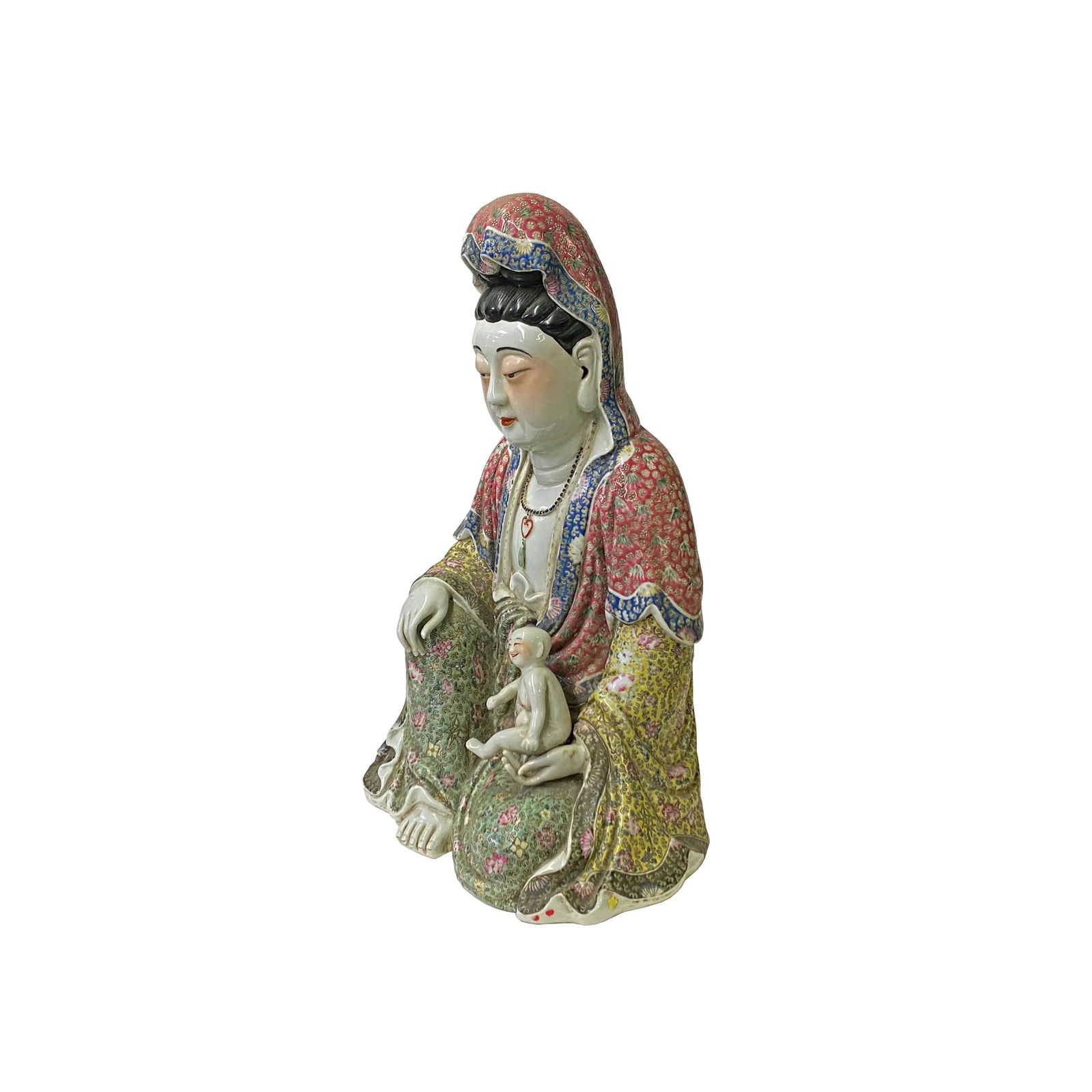 Vintage Chinese Fujian Multi Color Porcelain Kwan Yin W Kid Statue - 2
