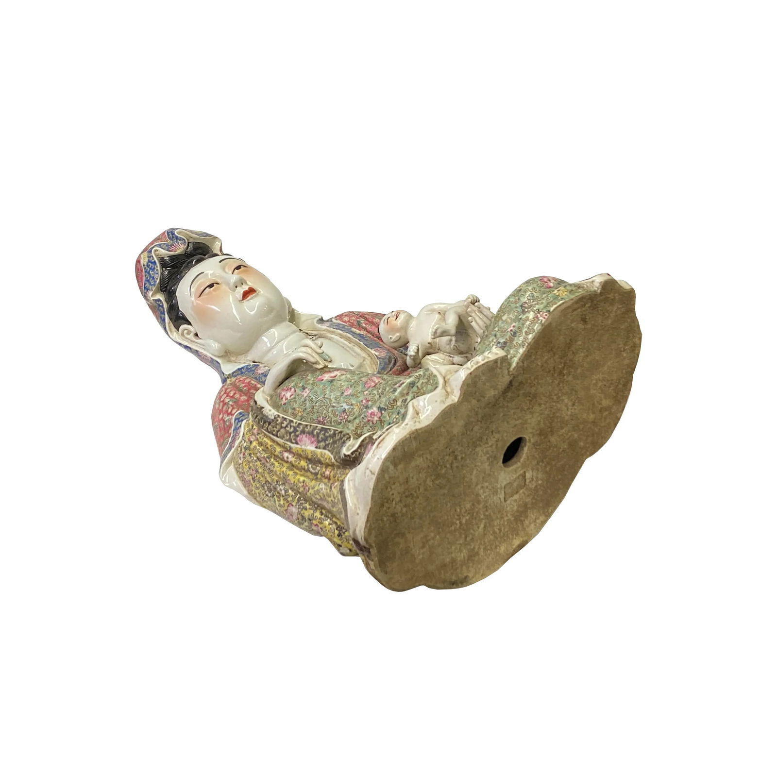 Vintage Chinese Fujian Multi Color Porcelain Kwan Yin W Kid Statue - 5