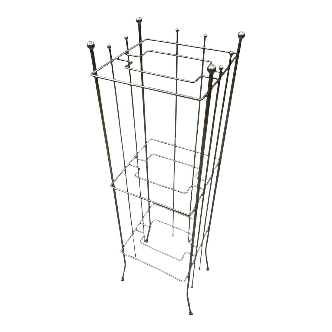 Vintage 1960s Silver-Metallic Stand: Incredible 3-shelf stand with glass inserts. The brass plated finish has worn into more of a silver-metallic finish. Condition: Alterations: Original Condition Unaltered Imperfections: Some