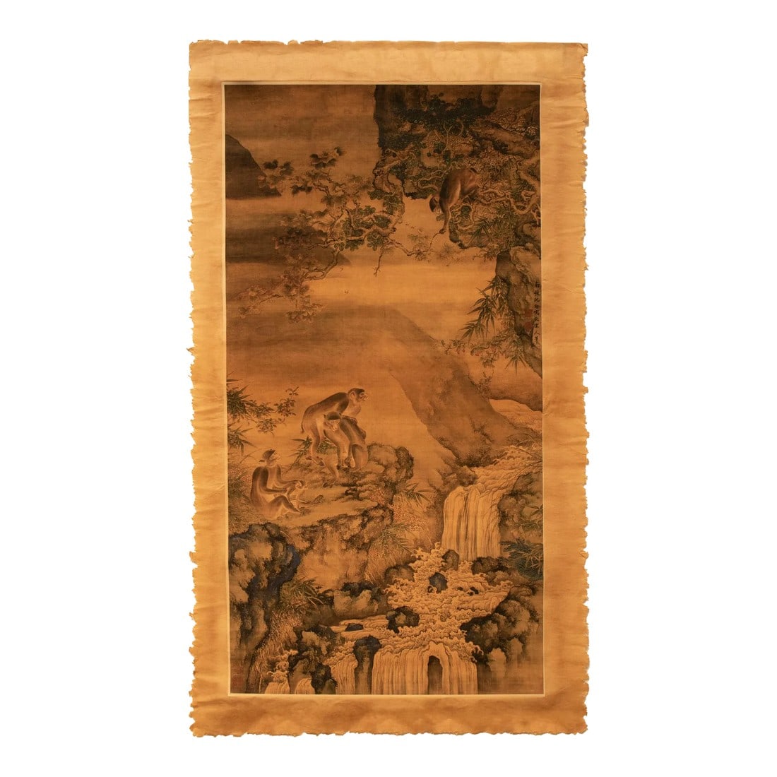 Landscape With Monkeys by Shen Quan, Post-1940s Painting on Rice Paper: Post-1940s copy of painting Landscape With Monkeys by Chinese artist of Qing Dynasty, Shen Quan (circa 1682–1760). Ink, gouache and watercolor on rice paper. Mounted on a larger sheet of rice