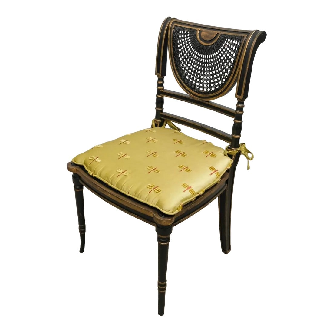 Antique English Regency Style Caned Side Chair With Dragon Fly Fabric Cushion: A very nice English 19th century regency style side chair with cane seat and a caned wicker fan back with a lovely cushion in dragonfly fabric Condition: Alterations: Original Condition Unaltered