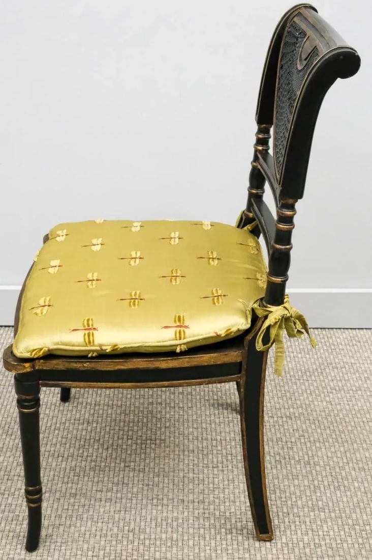 Antique English Regency Style Caned Side Chair With Dragon Fly Fabric Cushion - 4