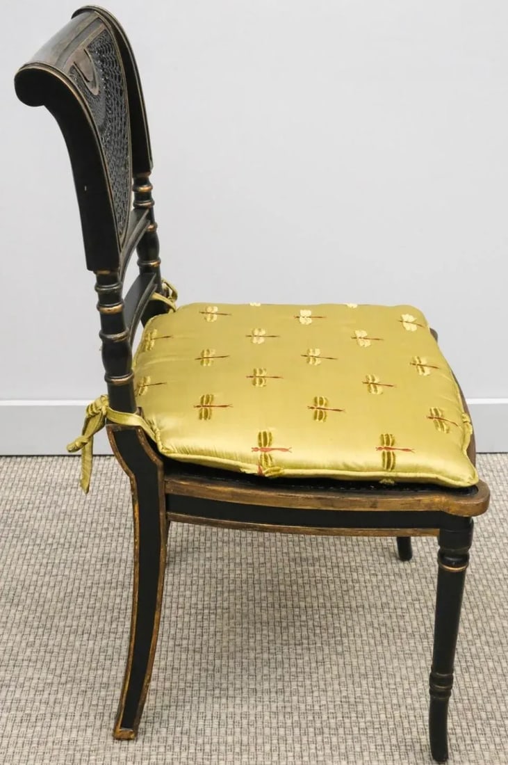 Antique English Regency Style Caned Side Chair With Dragon Fly Fabric Cushion - 6