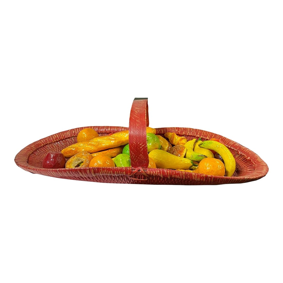 Assort Fruits Bread Simulated Display Red Rattan Oval Basket Tray: This is a group of simulated assorted fruit bread with a vintage rattan red oval basket tray. Dimensions: basket w37" x d15"x h10" Origin: China Material: Wood & Rattan , plastic Condition: