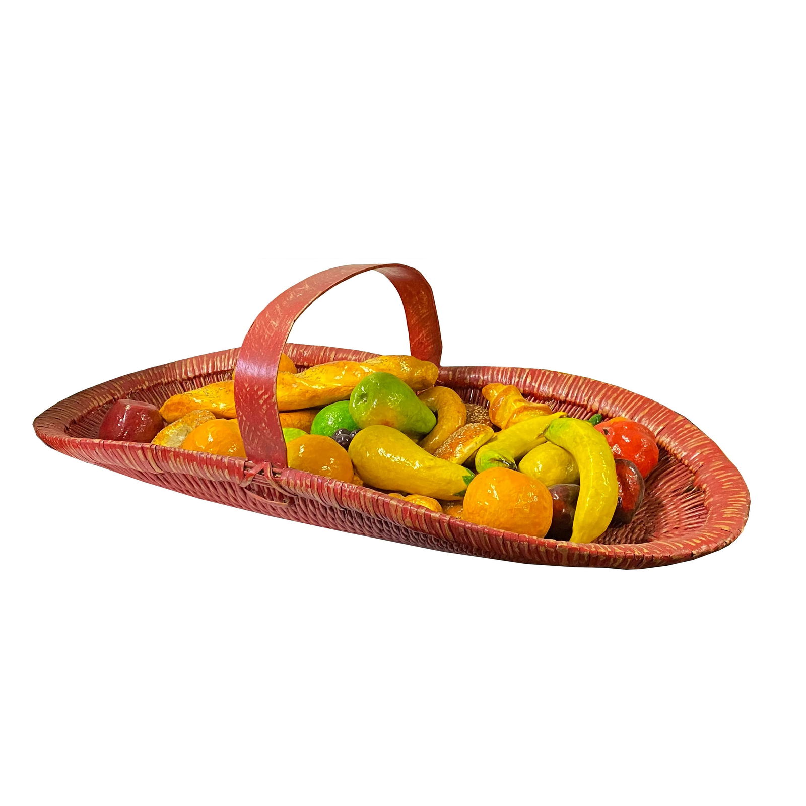 Assort Fruits Bread Simulated Display Red Rattan Oval Basket Tray - 5