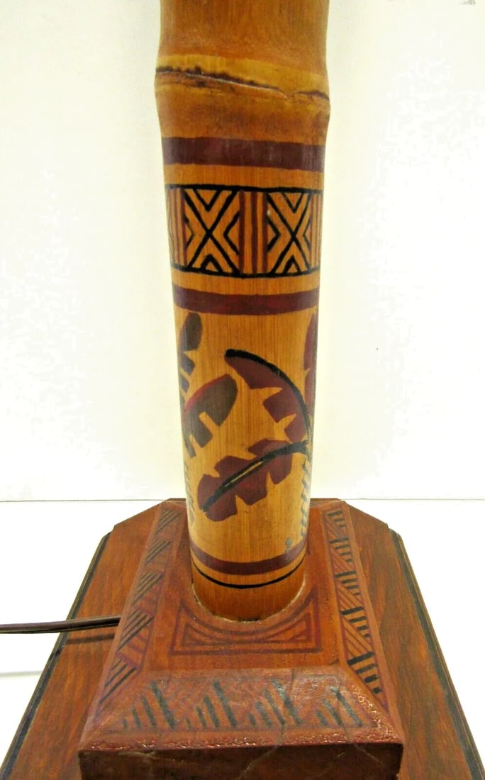 1940s Madagascar Hand Painted Scene Tall Bamboo Column Table Lamp - 10