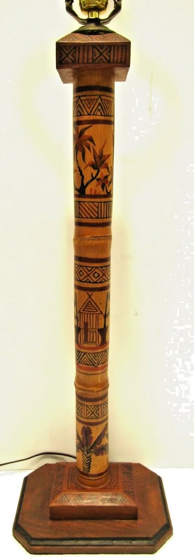 1940s Madagascar Hand Painted Scene Tall Bamboo Column Table Lamp - 2