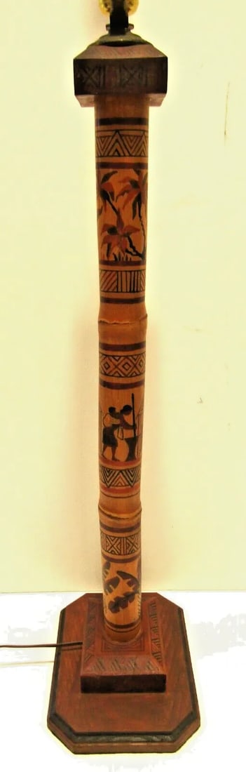 1940s Madagascar Hand Painted Scene Tall Bamboo Column Table Lamp - 3