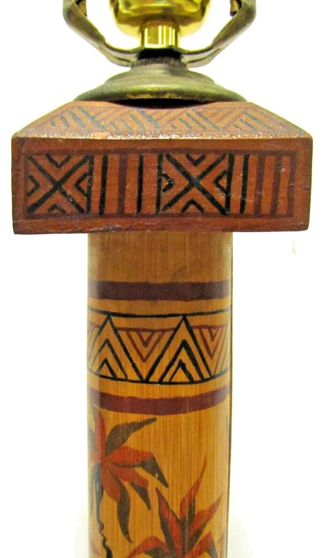 1940s Madagascar Hand Painted Scene Tall Bamboo Column Table Lamp - 4