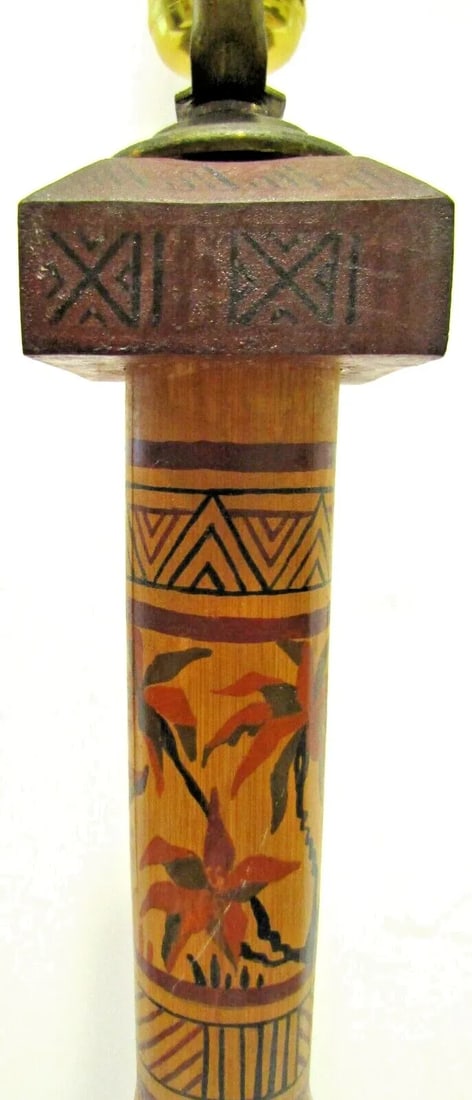 1940s Madagascar Hand Painted Scene Tall Bamboo Column Table Lamp - 5