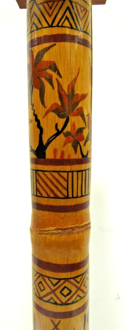 1940s Madagascar Hand Painted Scene Tall Bamboo Column Table Lamp - 7