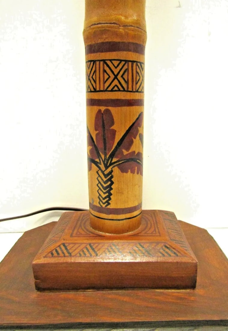 1940s Madagascar Hand Painted Scene Tall Bamboo Column Table Lamp - 8