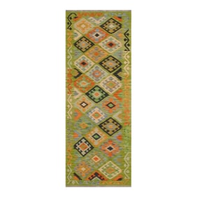 Early 21st Century Early 21st Century Kilim Green Rust Hand Woven Rug - 2'8" X 7'11"