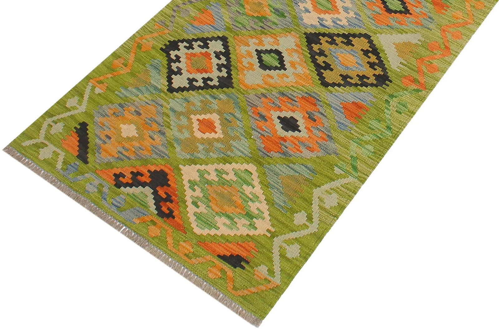 Early 21st Century Early 21st Century Kilim Green Rust Hand Woven Rug - 2'8" X 7'11" - 3