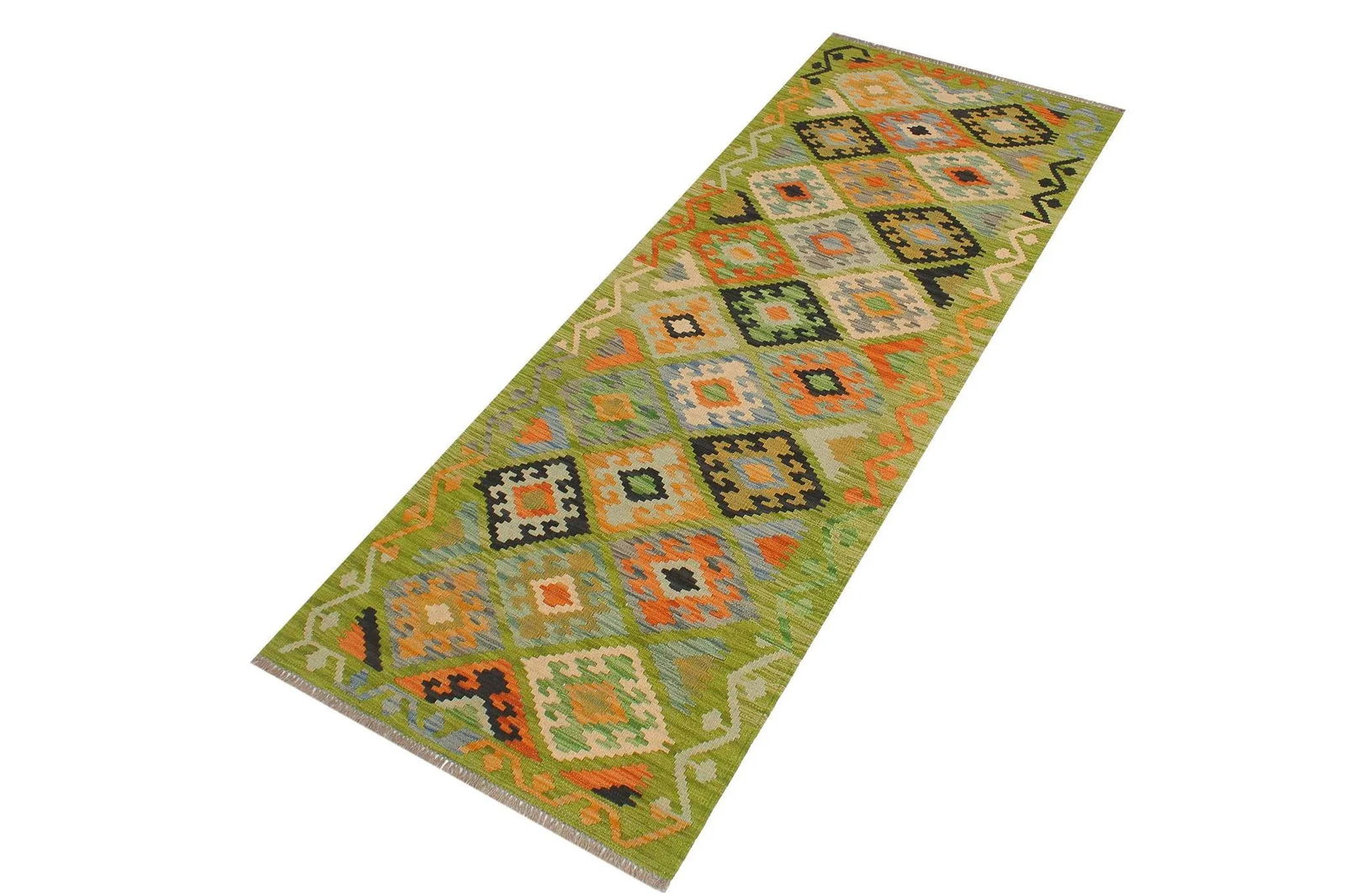 Early 21st Century Early 21st Century Kilim Green Rust Hand Woven Rug - 2'8" X 7'11" - 6