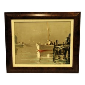 Vintage Doug Moulson Fishing Boat at Dock Impressionist Oil Painting