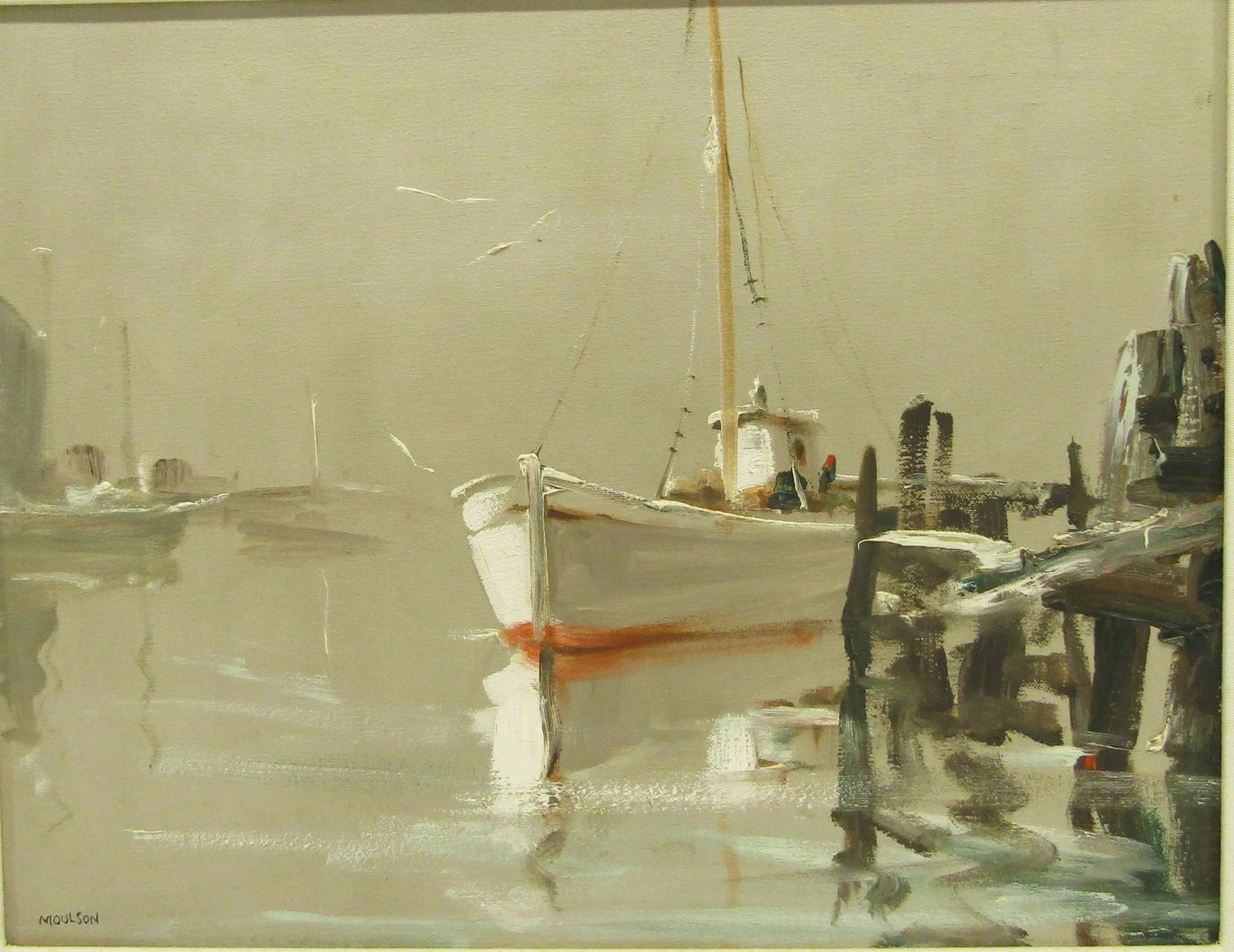 Vintage Doug Moulson Fishing Boat at Dock Impressionist Oil Painting - 2