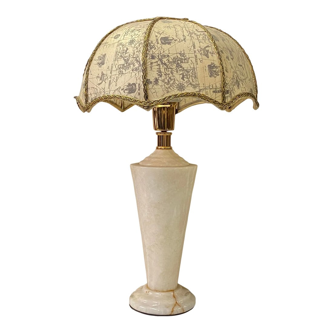 Natural White Cream Marble Stone Round Base Table Lamp: This is an oriental table lamp with a natural white beige color marble stone base. Dimensions: base Dia 4.5"x h11" Origin: China Material: Stone Condition: Quality handmade, crackle lines on the base.