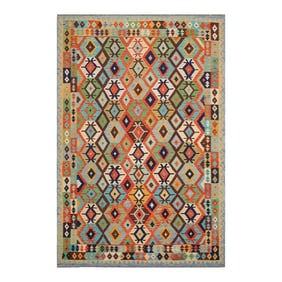 Kilim Rust Blue Wool Rug - 8'2" X 9'8"