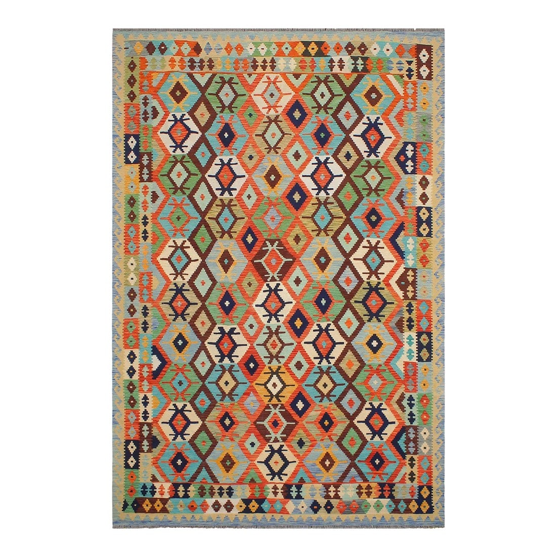 Kilim Rust Blue Wool Rug - 8'2" X 9'8": Add a touch of elegance to your home with this casual chic hand woven Tribal Kilim wool rug. Constructed on a loom by Nomad Turkman people with hand-spun wool and 100% Natural Vegetable dyes these