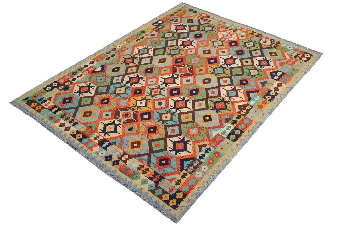 Kilim Rust Blue Wool Rug - 8'2" X 9'8" - 2