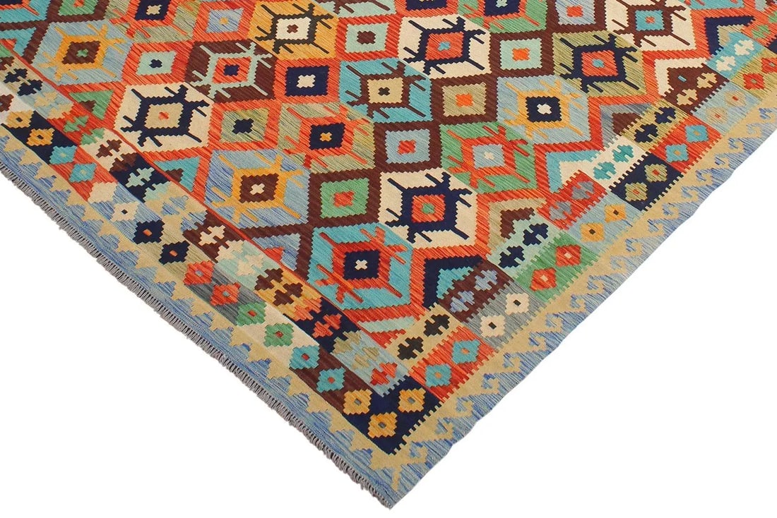 Kilim Rust Blue Wool Rug - 8'2" X 9'8" - 3