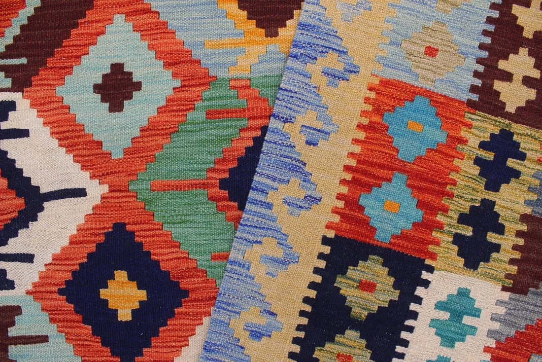 Kilim Rust Blue Wool Rug - 8'2" X 9'8" - 4