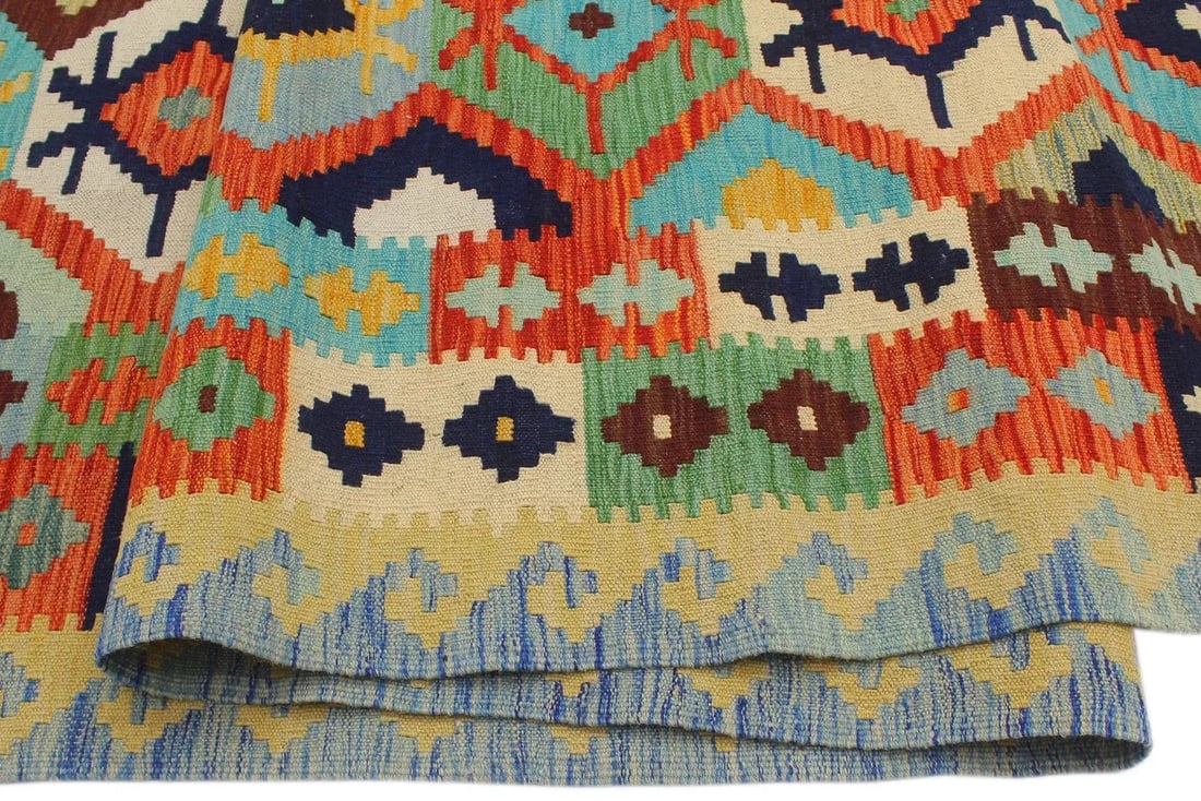 Kilim Rust Blue Wool Rug - 8'2" X 9'8" - 5