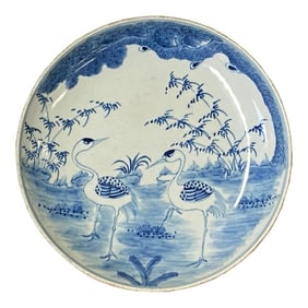 Chinese Blue White Cranes Birds Fengshui Graphic Porcelain Plate