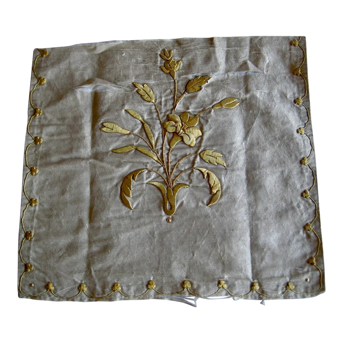 French Metallic Gold Embroidery Fragment of a Flower Circa 1890: This beautifull embroidery is from the late 18 hundreds probably a part of a vestment or an alter ornement from france , it is done out of metallic gold threads and represent a huge amount of work to