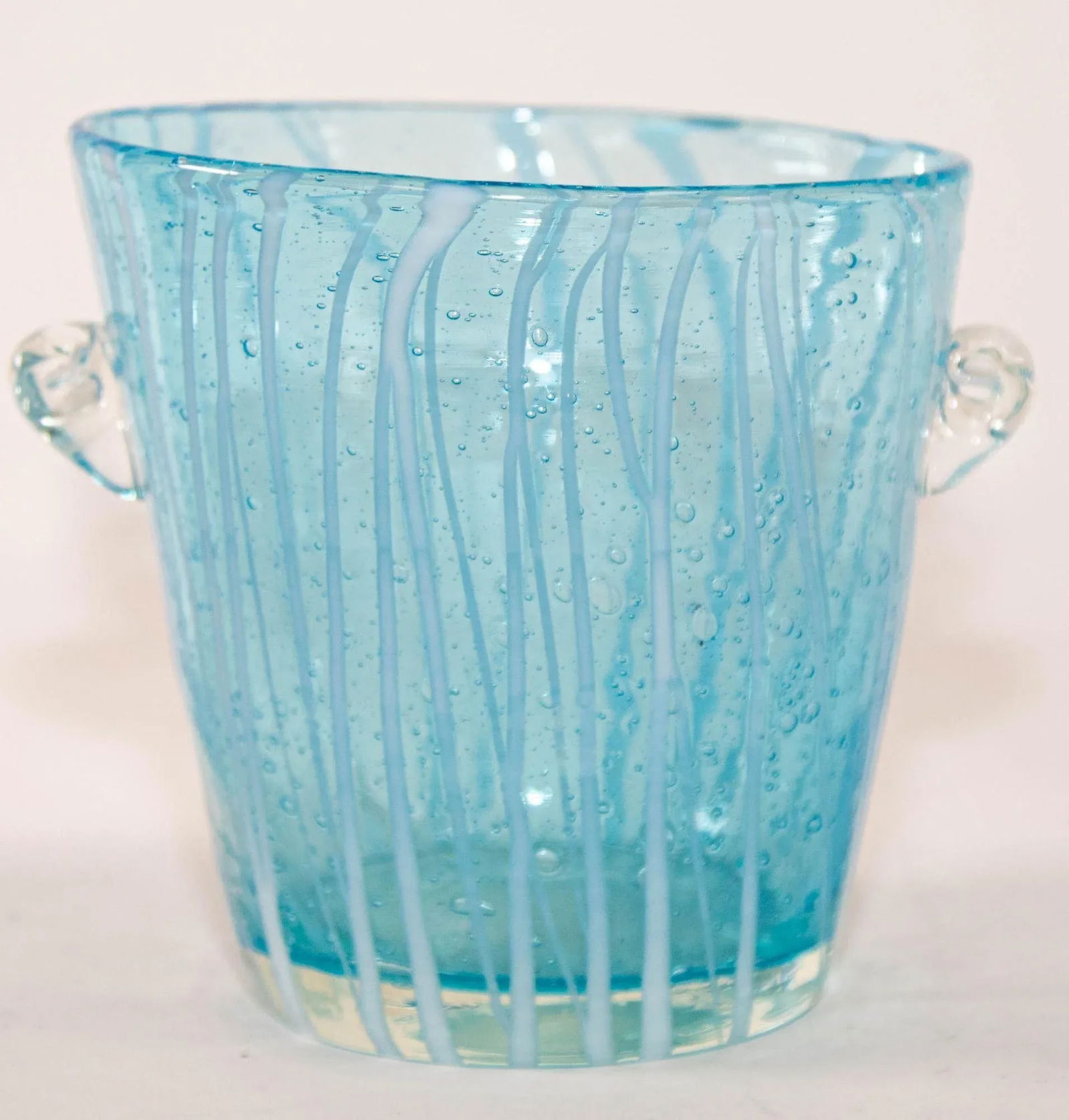 1970s Vintage Italian Murano Venini Venetian Art Glass Ice Bucket Blue and White - 3