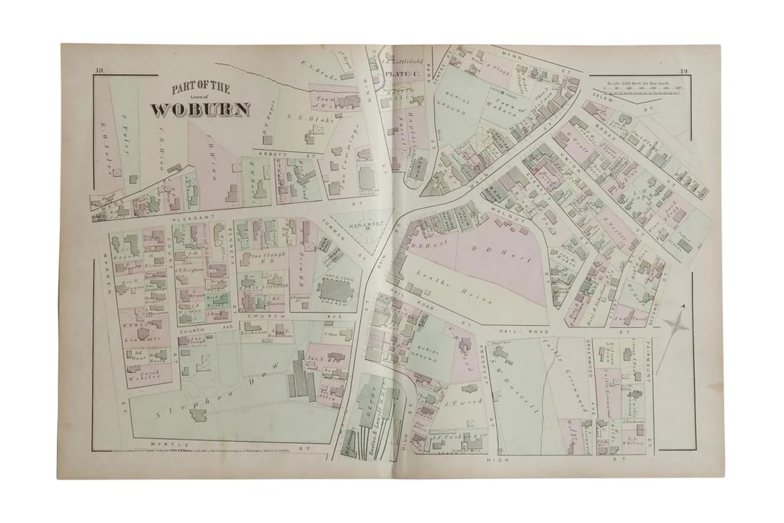 Antique Woburn Massachusetts Atlas Map Plate C: :: Antique G.M. Hopkins & Co. 1875 map of part of the town of Woburn, M.A. (Plate C). Of note are the Baptist Society, Town Hall, the Powder House, the Boston and Lowell Rail Road Company Depot, and